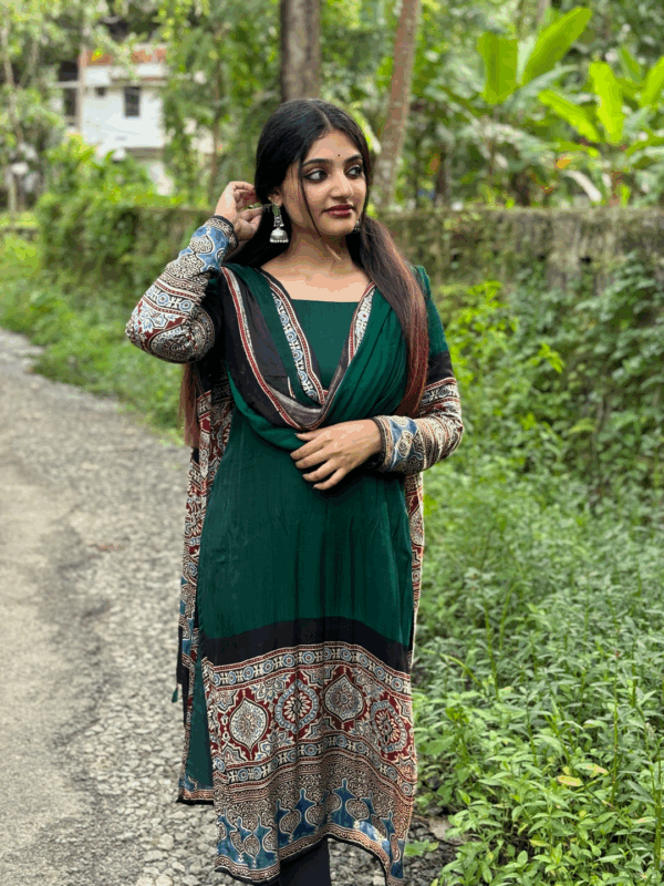 PURE MODAL SILK HANDBLOCK SALWAR SUITE - BGREEN - Image 5