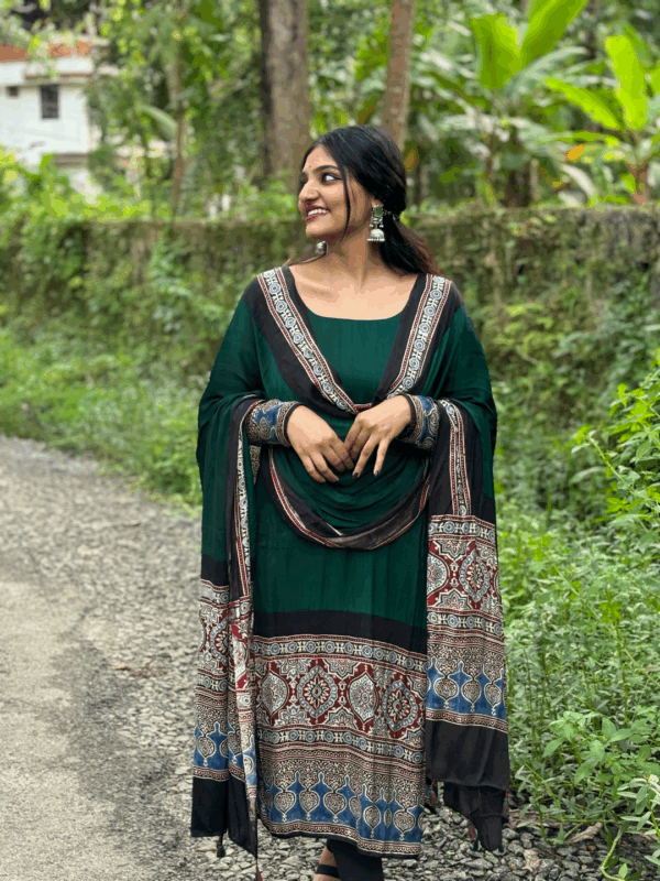 PURE MODAL SILK HANDBLOCK SALWAR SUITE - BGREEN