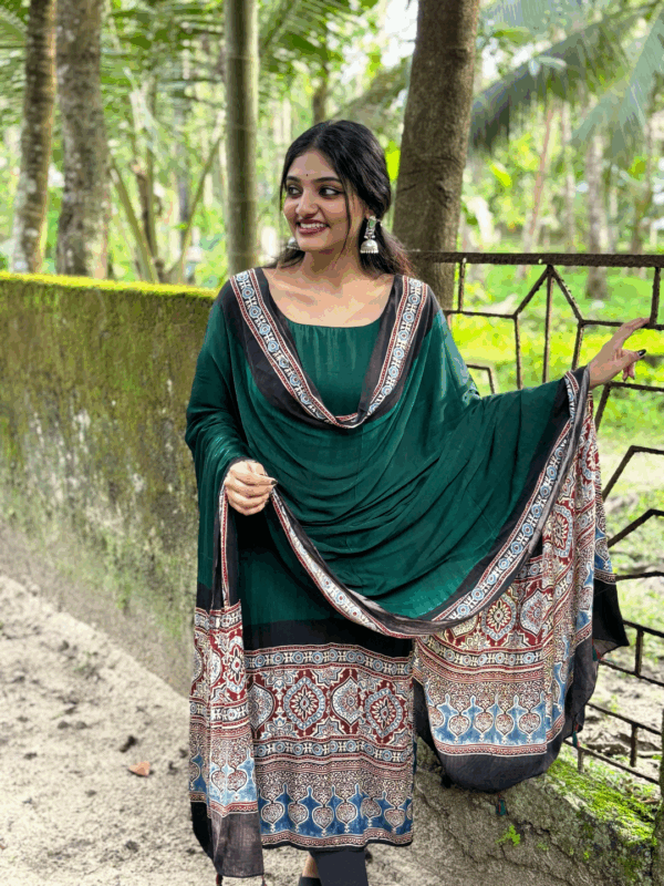 PURE MODAL SILK HANDBLOCK SALWAR SUITE - BGREEN - Image 4