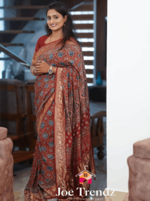 PURE DOLA SILK SAREE WITH AJRAK HANDBLOCK PRINT