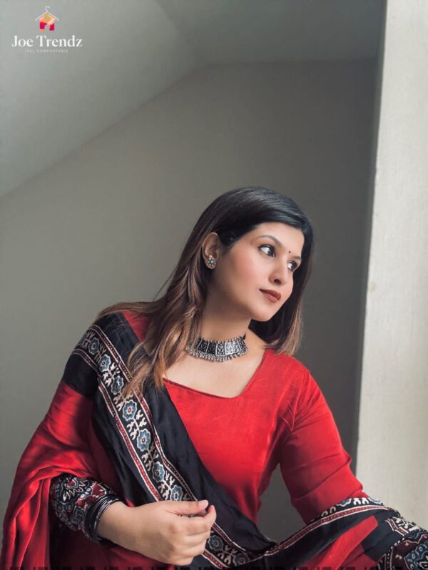 PURE MODAL SILK HANDBLOCK SALWAR SUITE (RED) - Image 4