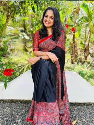 AJRAK HANDBLOCK PRINTED SAREE BLACK -ARUNA