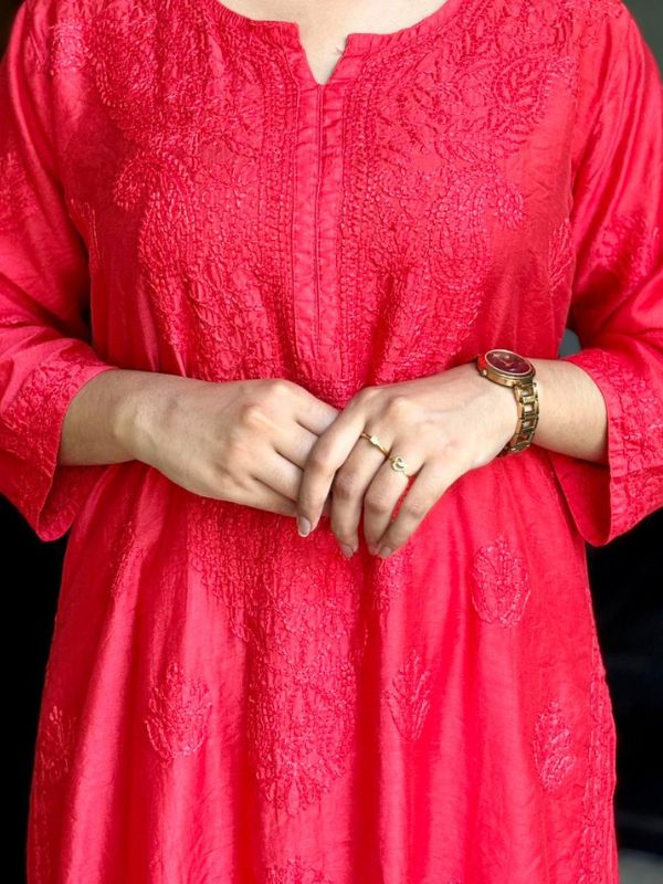 CHIKANKARI chanderi3D WORK-RED SHADE TOP - Image 3