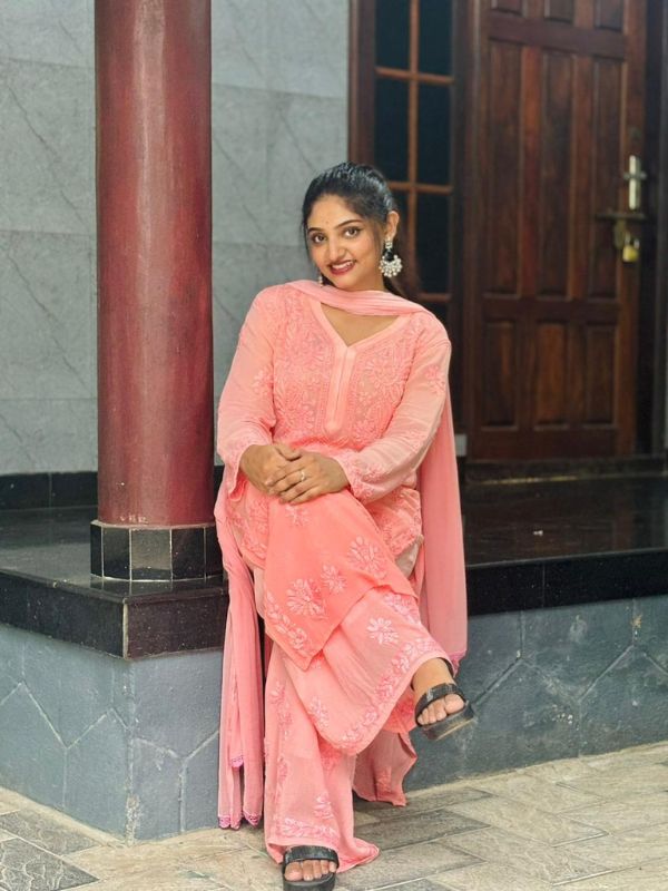 CHIKANKARI Viscose Georgette top and pant With 3D Work-shaded PEACH(DUPATTA INCLUDING) - Image 8