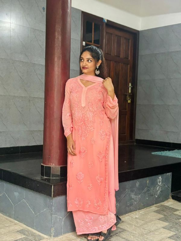 CHIKANKARI Viscose Georgette top and pant With 3D Work-shaded PEACH(DUPATTA INCLUDING) - Image 7