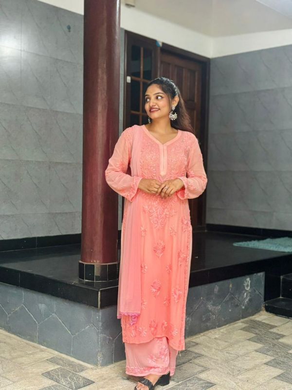 CHIKANKARI Viscose Georgette top and pant With 3D Work-shaded PEACH(DUPATTA INCLUDING) - Image 5