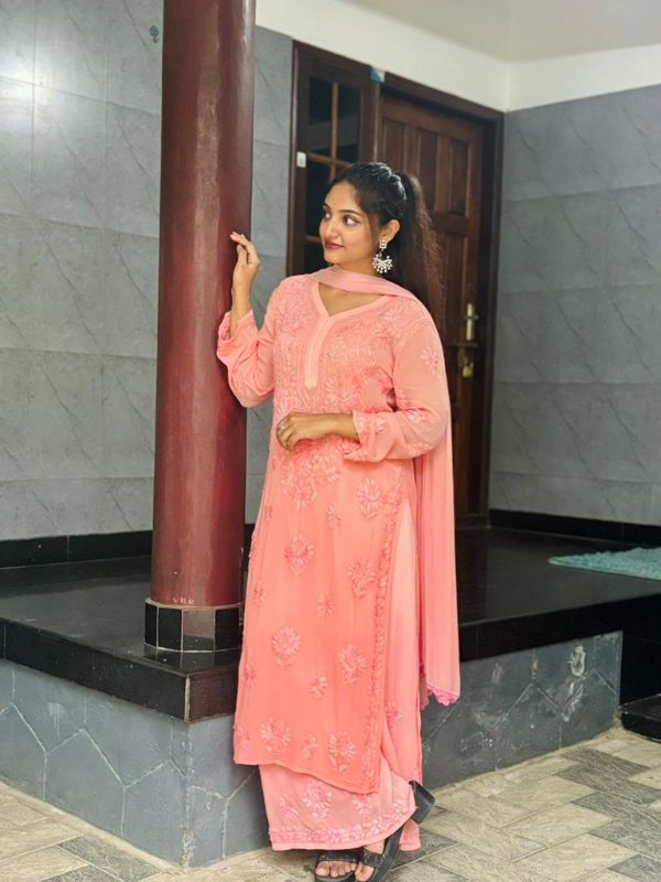 CHIKANKARI Viscose Georgette top and pant With 3D Work-shaded PEACH(DUPATTA INCLUDING) - Image 4