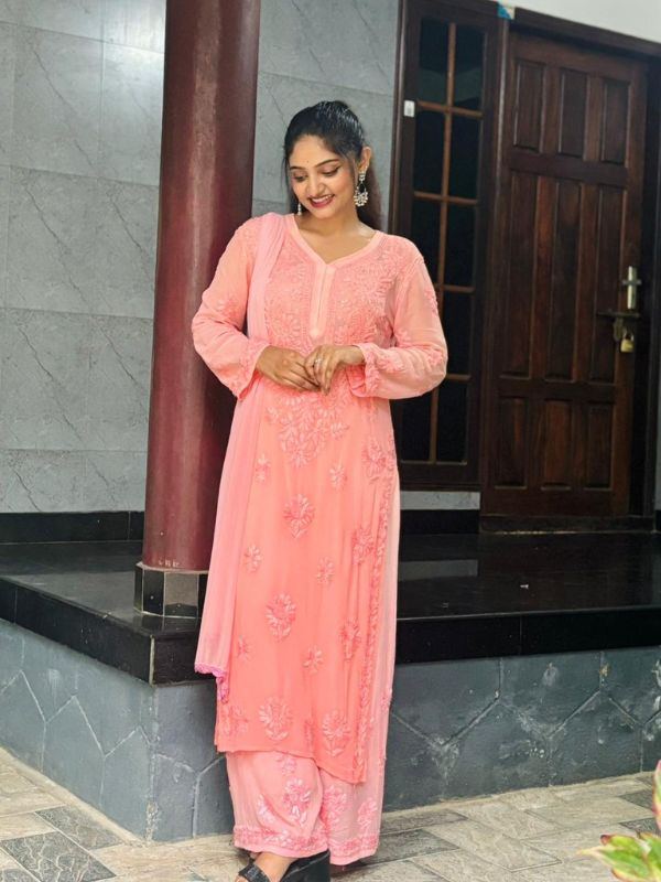 CHIKANKARI Viscose Georgette top and pant With 3D Work-shaded PEACH(DUPATTA INCLUDING)