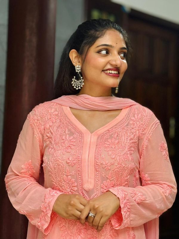 CHIKANKARI Viscose Georgette top and pant With 3D Work-shaded PEACH(DUPATTA INCLUDING) - Image 2