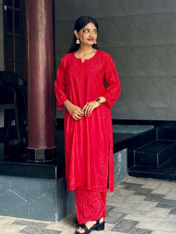 CHIKANKARI chanderi3D WORK-RED SHADE TOP