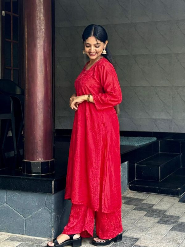 CHIKANKARI chanderi3D WORK-RED SHADE TOP - Image 10