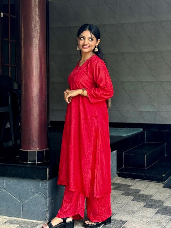 CHIKANKARI chanderi3D WORK-RED SHADE TOP - Image 9