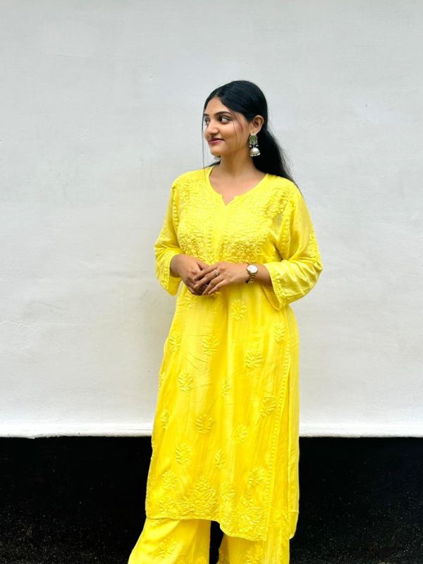 CHIKANKARI chanderi 3D WORK-YELLOW SHADE TOP - Image 13