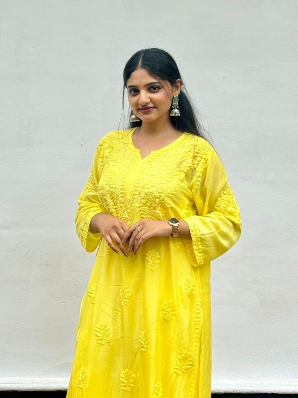 CHIKANKARI chanderi 3D WORK-YELLOW SHADE TOP - Image 12