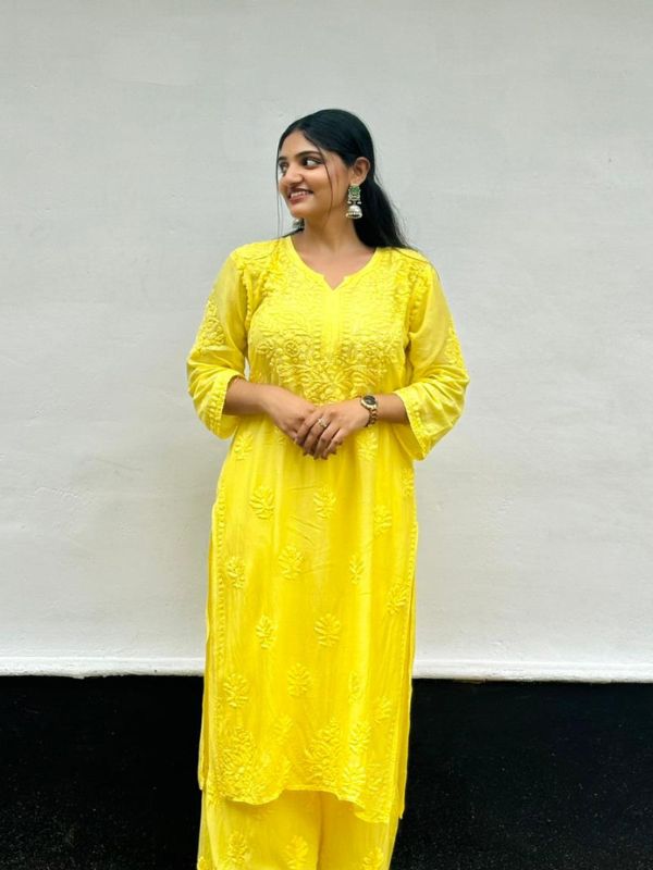CHIKANKARI chanderi 3D WORK-YELLOW SHADE TOP