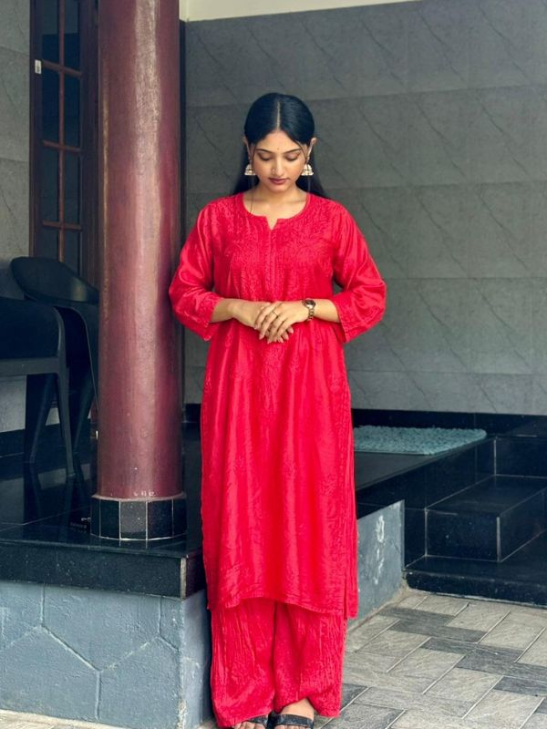 CHIKANKARI chanderi3D WORK-RED SHADE TOP - Image 8
