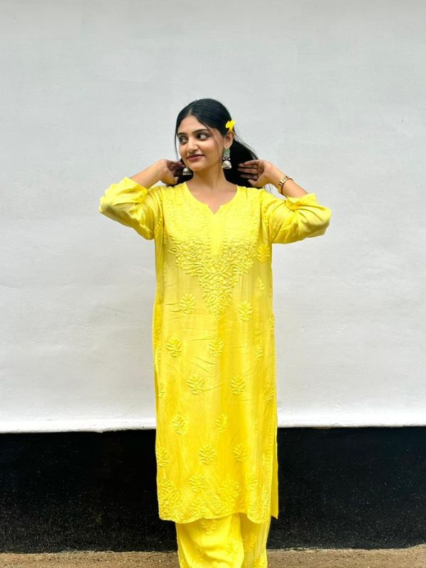 CHIKANKARI chanderi 3D WORK-YELLOW SHADE TOP - Image 9