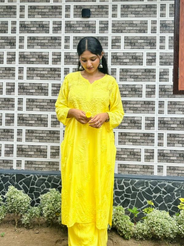 CHIKANKARI chanderi 3D WORK-YELLOW SHADE TOP - Image 8