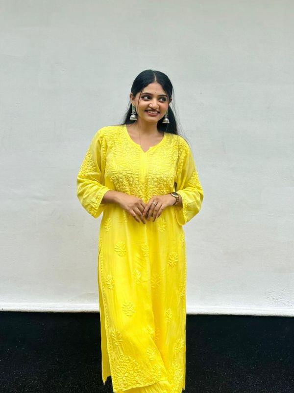 CHIKANKARI chanderi 3D WORK-YELLOW SHADE TOP - Image 5