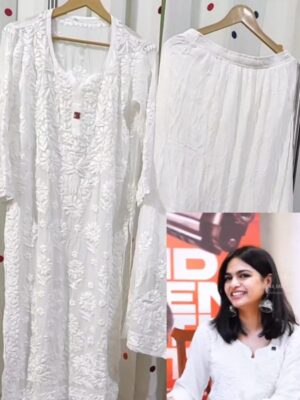 CHIKANKARI Viscose Georgette top and pant With 6D Work-white