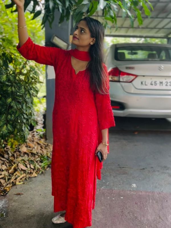 CHIKANKARI Viscose Georgette top and pant With 6D Work-RED(DUPATTA INCLUDING) - Image 3