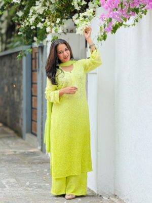 CHIKANKARI Viscose Georgette top and pant with mukesh-shaded parrot green(DUPATTA INCLUDING)