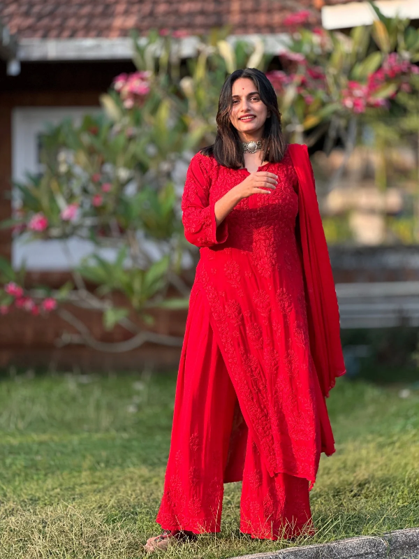 CHIKANKARI Viscose Georgette top and pant With 6D Work-RED(DUPATTA INCLUDING) - Image 7