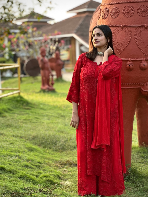CHIKANKARI Viscose Georgette top and pant With 6D Work-RED(DUPATTA INCLUDING) - Image 4