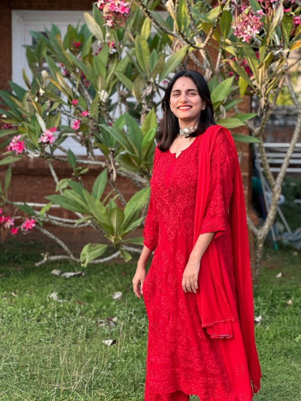 CHIKANKARI Viscose Georgette top and pant With 6D Work-RED(DUPATTA INCLUDING) - Image 9