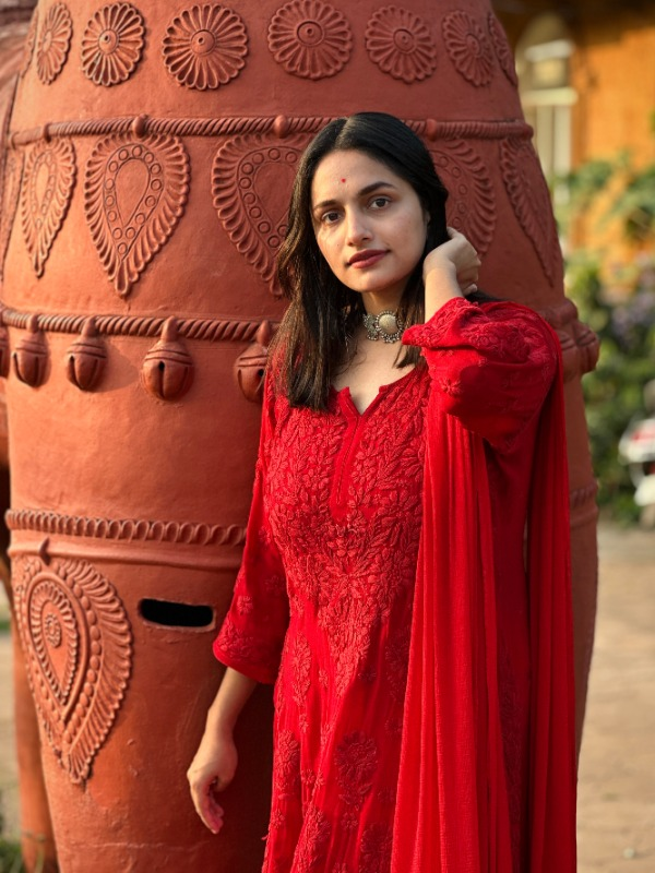 CHIKANKARI Viscose Georgette top and pant With 6D Work-RED(DUPATTA INCLUDING) - Image 6