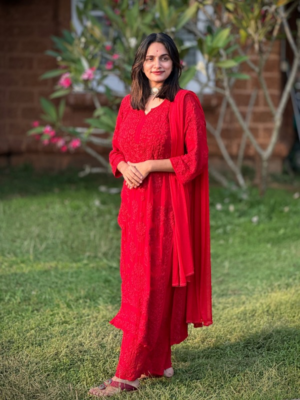 CHIKANKARI Viscose Georgette  top and pant With 6D Work-RED(DUPATTA INCLUDING)