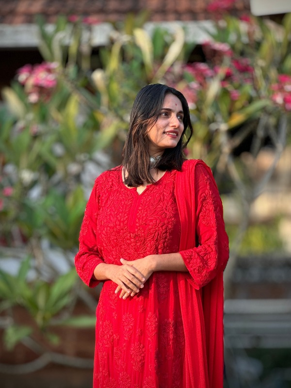 CHIKANKARI Viscose Georgette top and pant With 6D Work-RED(DUPATTA INCLUDING) - Image 5