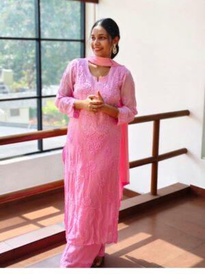 CHIKANKARI Viscose Georgette  top and pant With 3D Work-shaded pink(DUPATTA INCLUDING)