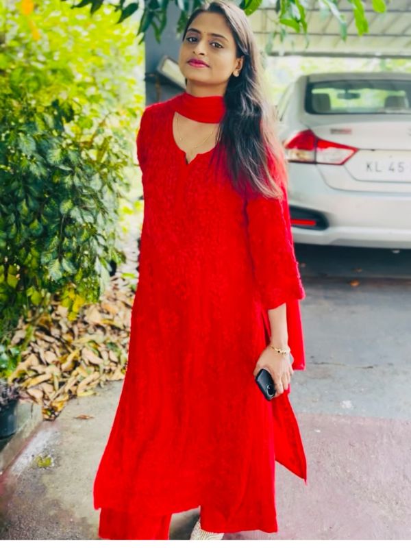 CHIKANKARI Viscose Georgette top and pant With 6D Work-RED(DUPATTA INCLUDING) - Image 2