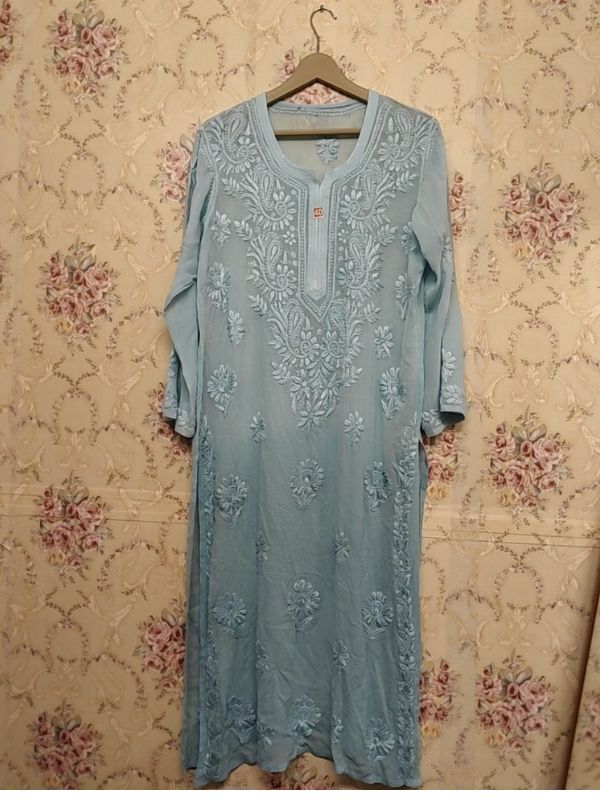 CHIKANKARI Viscose Georgette 3D work-sea blue top