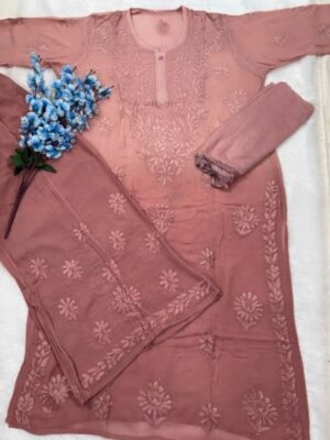 CHIKANKARI Viscose Georgette top and pant With 3D Work-shaded brown(DUPATTA INCLUDING)