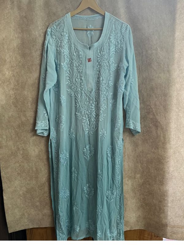 CHIKANKARI Viscose Georgette 3D work-sea blue top - Image 3