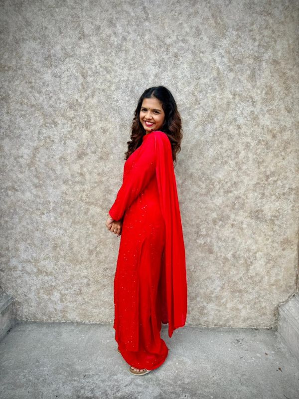 CHIKANKARI Viscose Georgette top and pant with mukesh- RED(DUPATTA INCLUDING) - Image 6