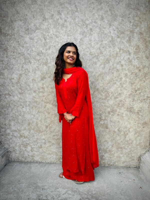 CHIKANKARI Viscose Georgette top and pant with mukesh- RED(DUPATTA INCLUDING) - Image 3