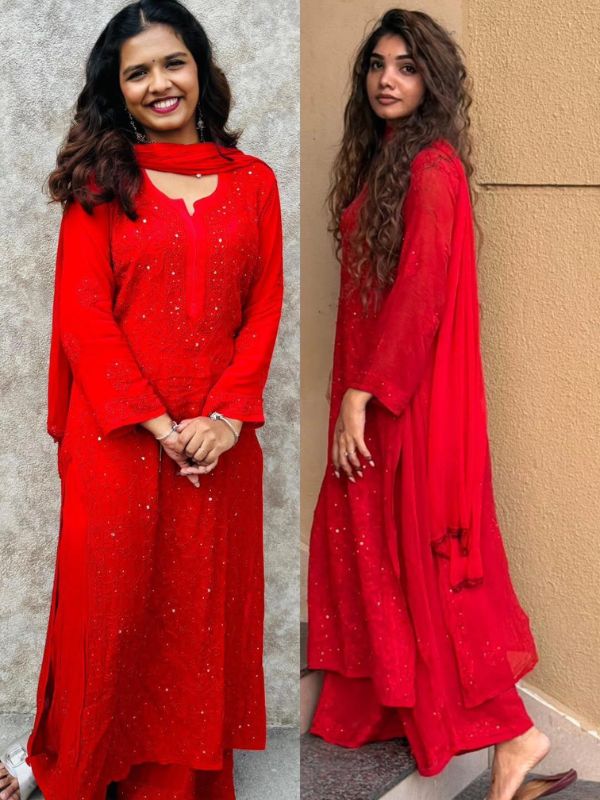 CHIKANKARI Viscose Georgette top and pant with mukesh- RED(DUPATTA INCLUDING)