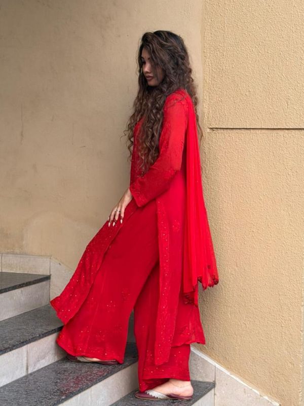 CHIKANKARI Viscose Georgette top and pant with mukesh- RED(DUPATTA INCLUDING) - Image 4