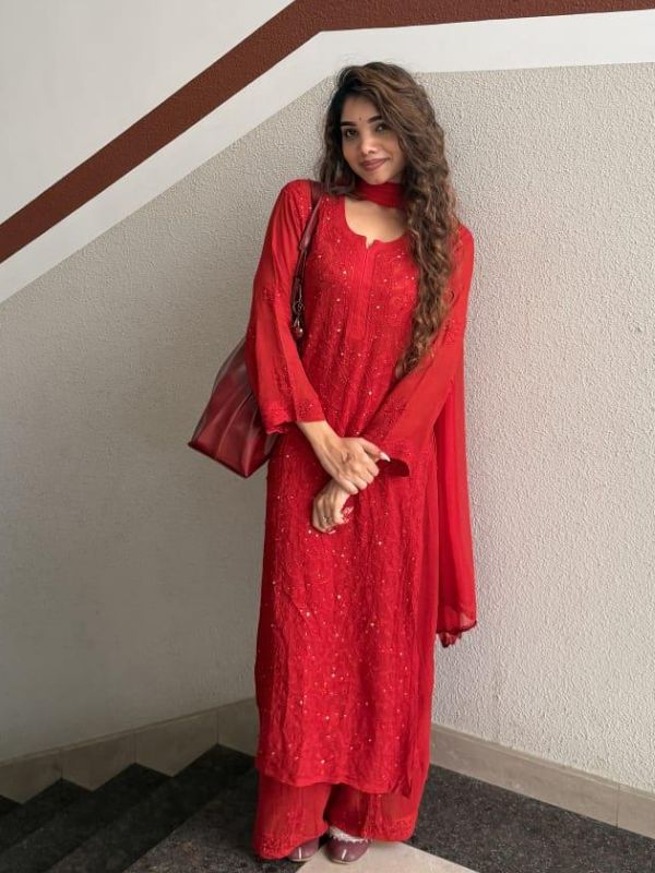 CHIKANKARI Viscose Georgette top and pant with mukesh- RED(DUPATTA INCLUDING) - Image 2