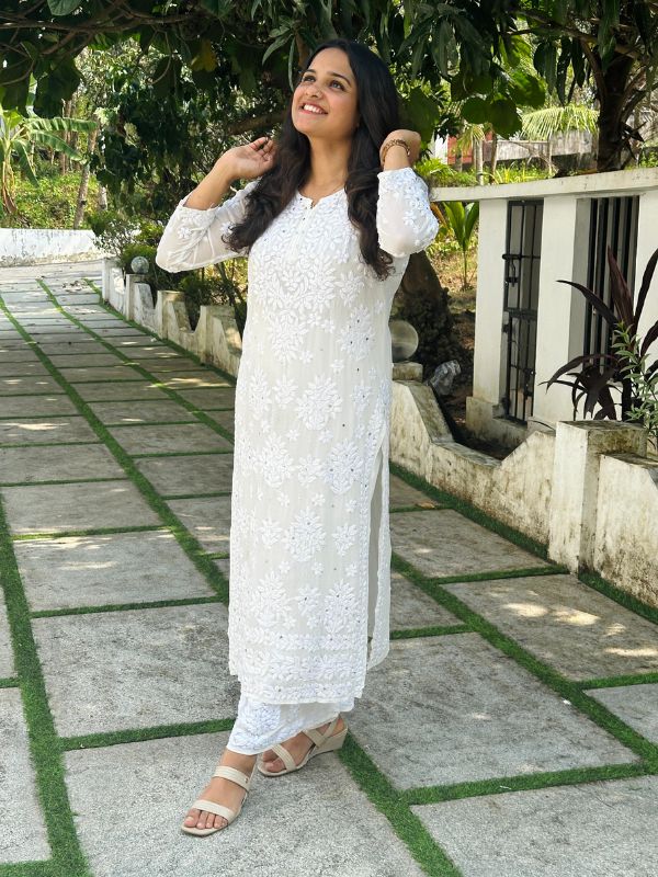 CHIKANKARI Viscose Georgette 6D top(mukesh work) AND Bottom-aruna white - Image 3