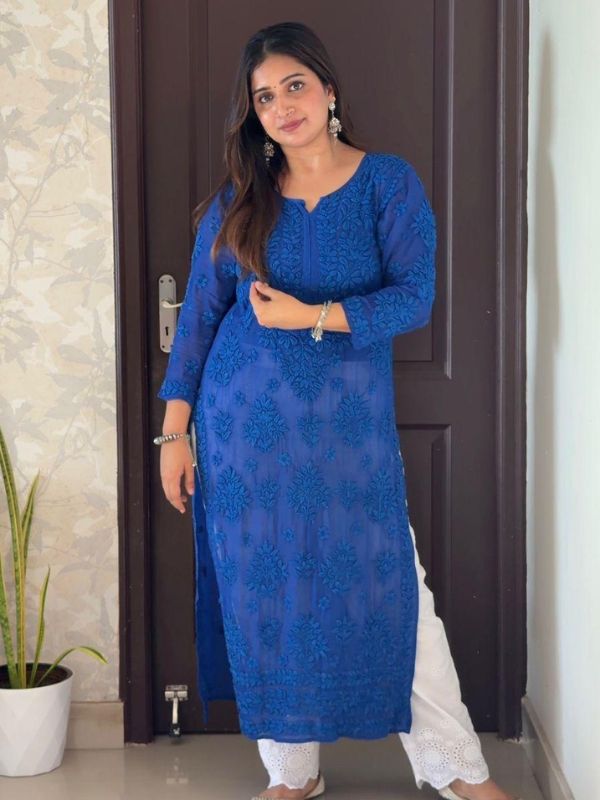 CHIKANKARI Viscose Georgette 6D work BLUE top (MIYA ) - Image 3