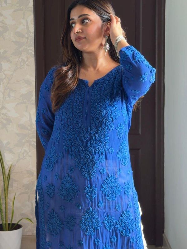 CHIKANKARI Viscose Georgette 6D work BLUE top (MIYA ) - Image 2