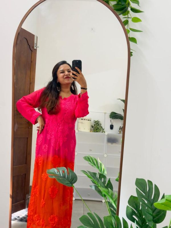 CHIKANKARI Viscose Georgette 3D WORK-SHADED PINK AND ORANGE TOP - Image 3