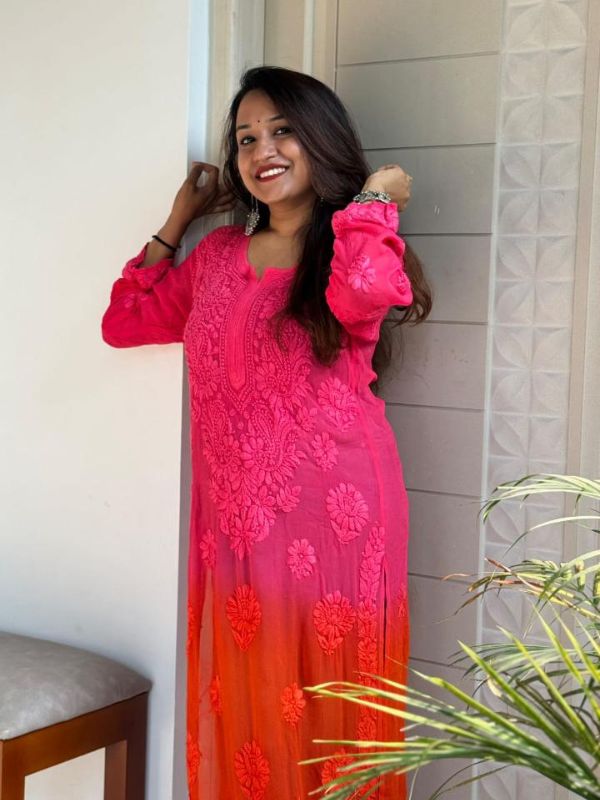 CHIKANKARI Viscose Georgette 3D WORK-SHADED PINK AND ORANGE TOP