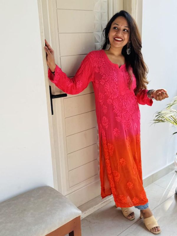 CHIKANKARI Viscose Georgette 3D WORK-SHADED PINK AND ORANGE TOP - Image 2