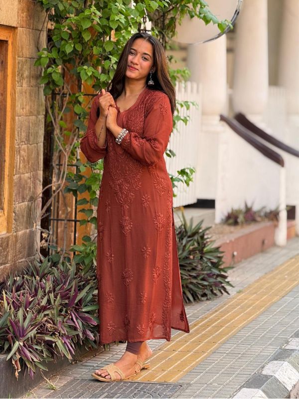 CHIKANKARI Viscose Georgette 3D WORK-BROWN TOP