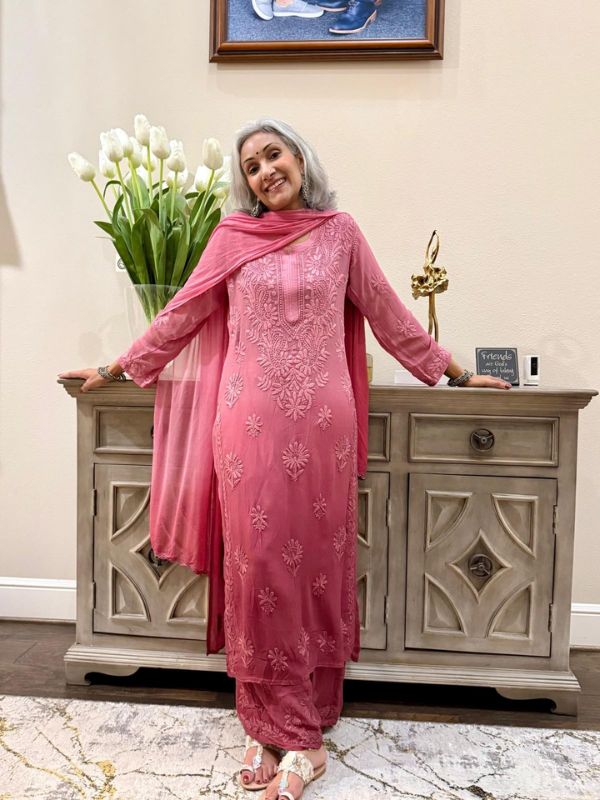 CHIKANKARI Viscose Georgette top and pant With 3D Work-shaded onion pink(DUPATTA INCLUDING) - Image 3